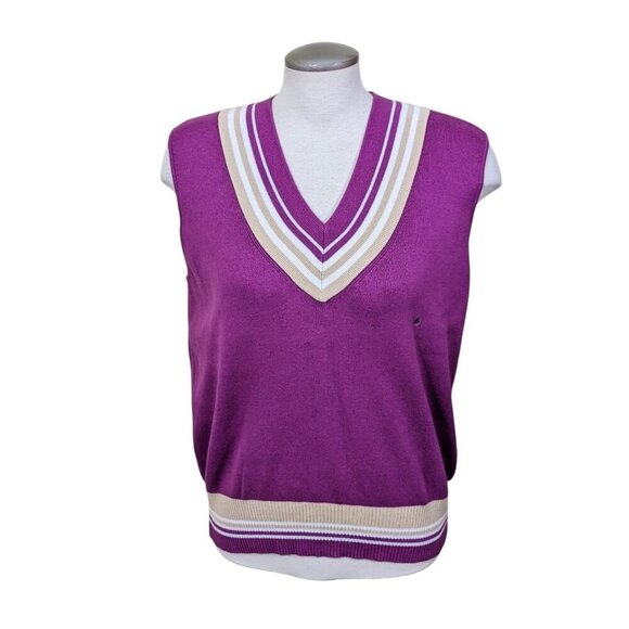 Womens Y2K Izod New Golf Sweater Vest XL Purple Cream V Neck Preppy Varsity - Picture 2 of 8